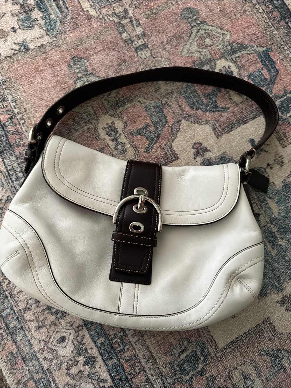Coach White Leather Shoulder Bag with Dark Brown Strap